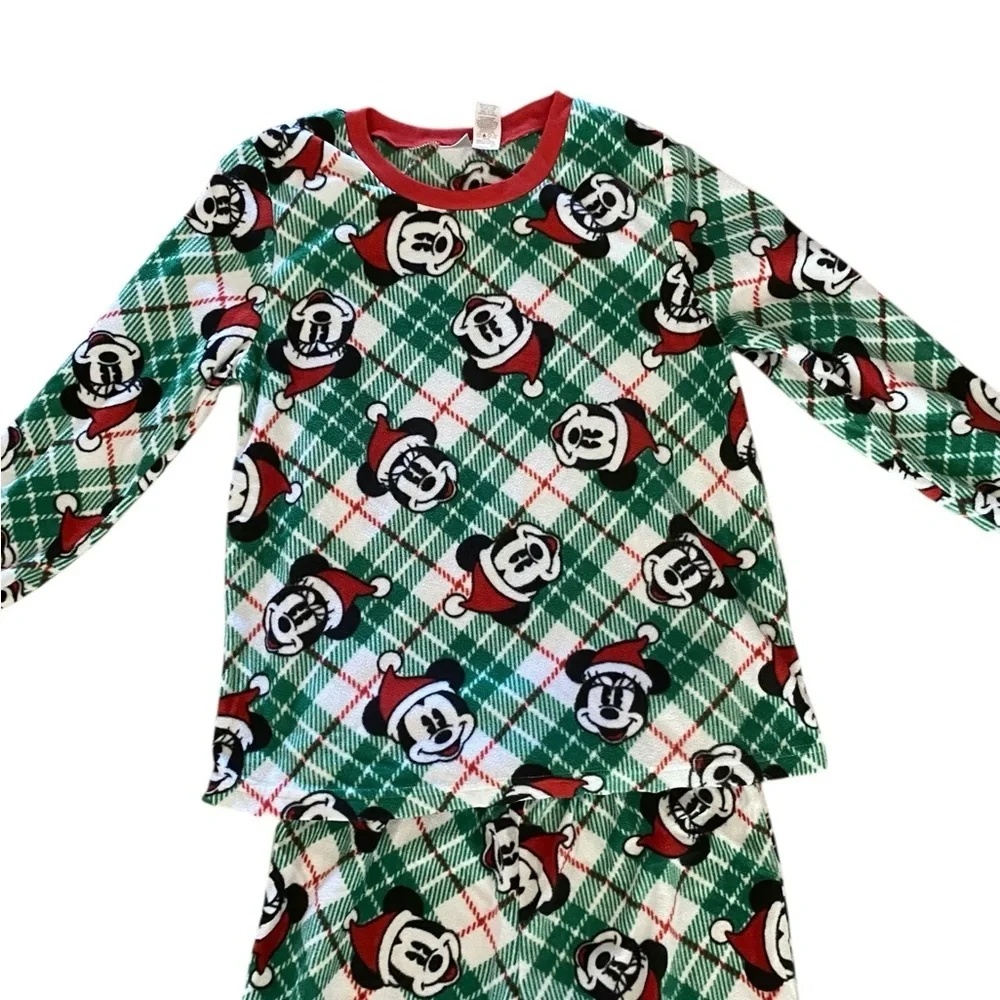 Disney Christmas Mickey & Minnie Mouse Fleece Pajama Set Green Red Plaid Comfy - Picture 6 of 9